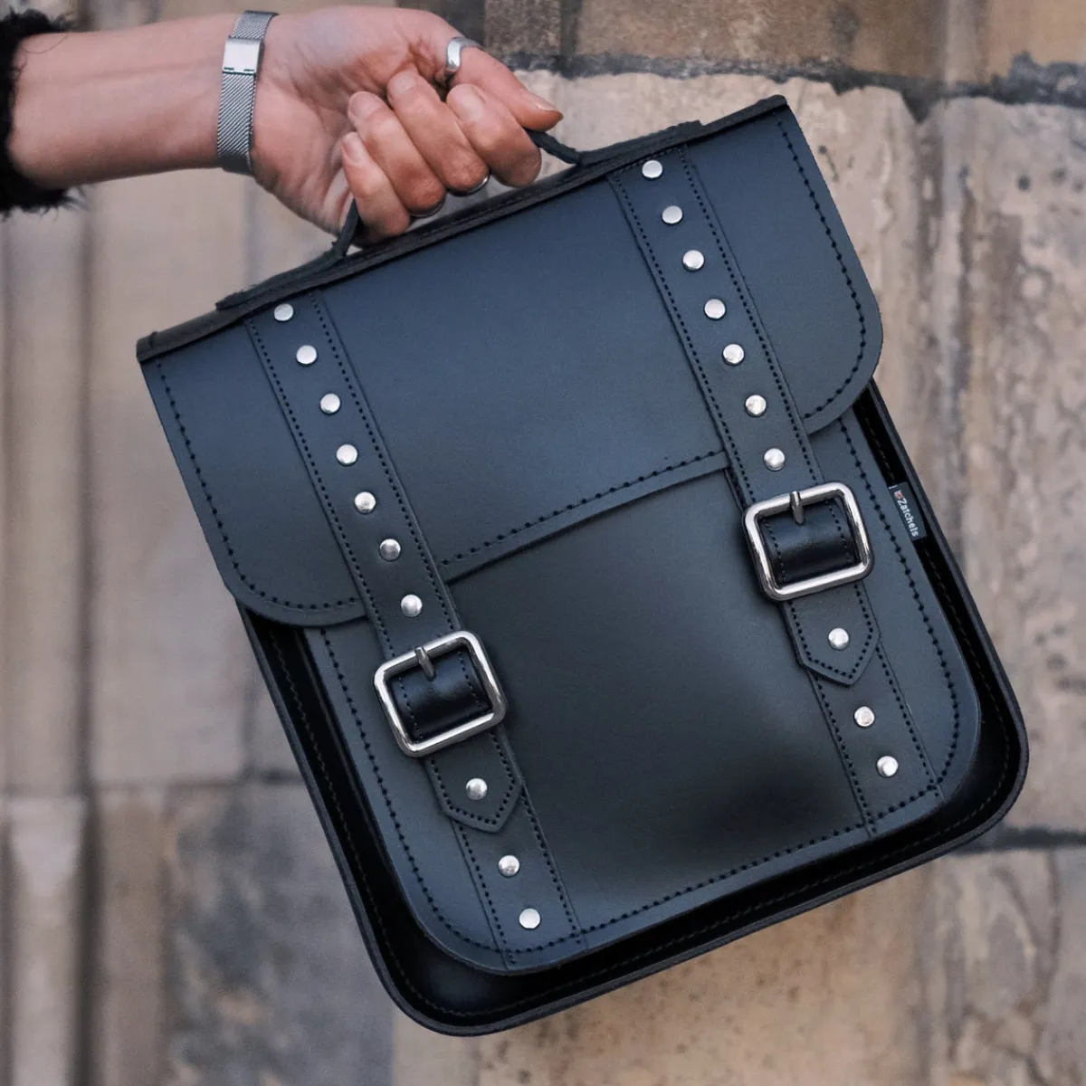 Zatchels Handmade Leather City Backpack - Black Gothic Studded><noscript><img width=