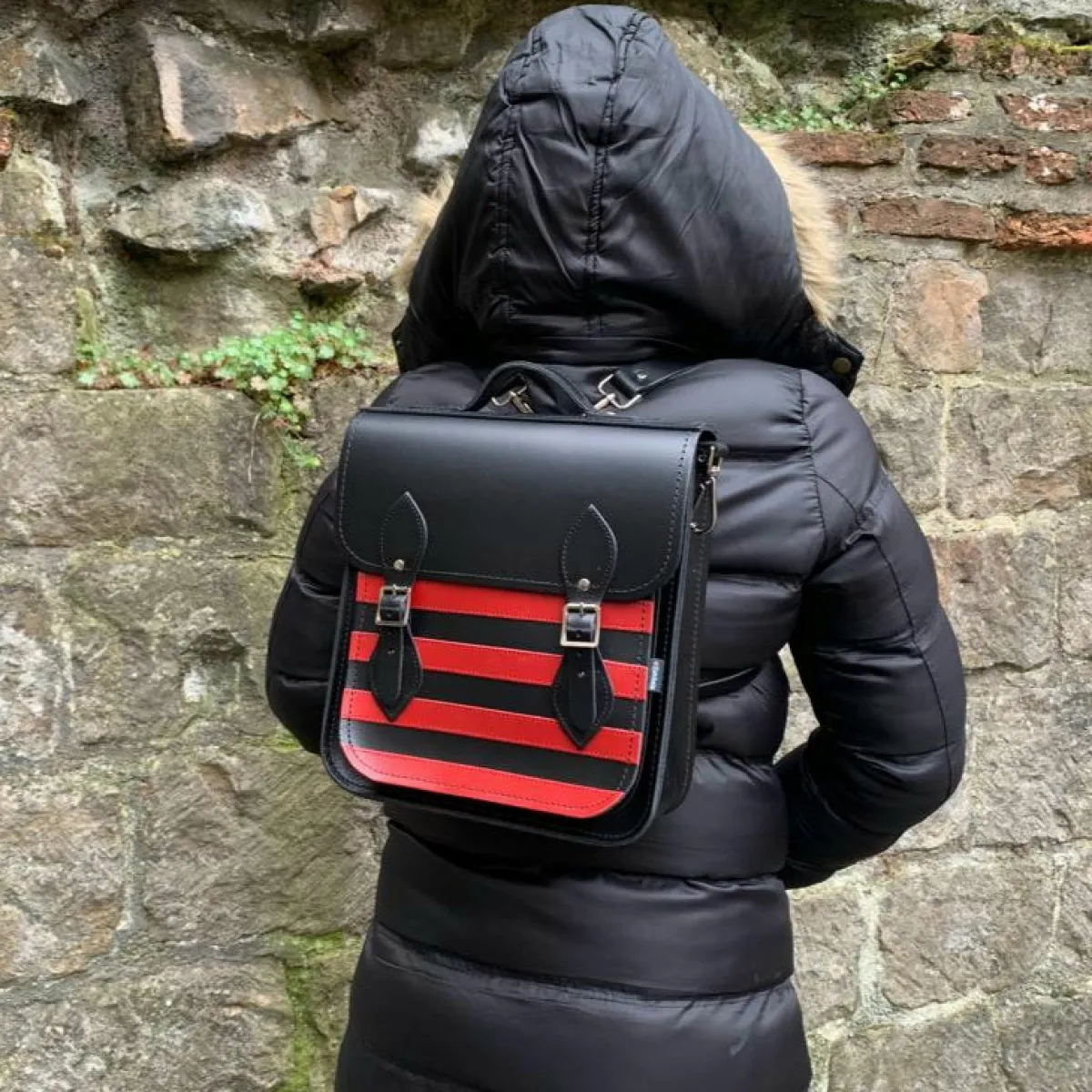 Zatchels Handmade Leather City Backpack - Gothic Striped Red & Black><noscript><img width=