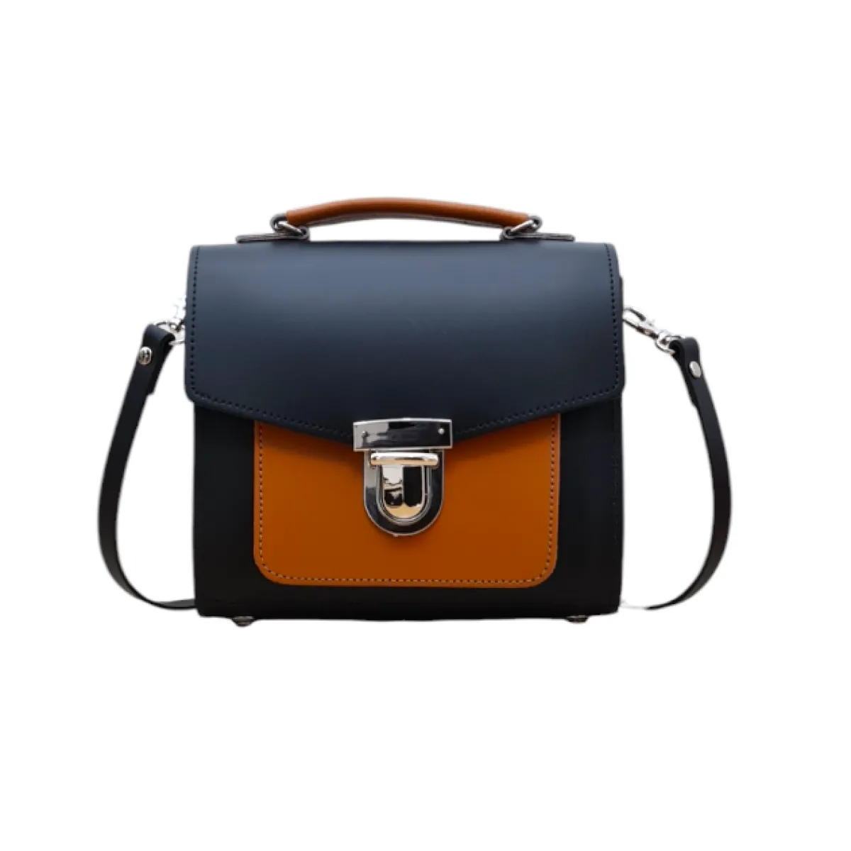 Zatchels Handmade Leather Two Tone Sugarcube Handbag Black - Burnt Orange>Women Cross Body Bags|Sugarcubes