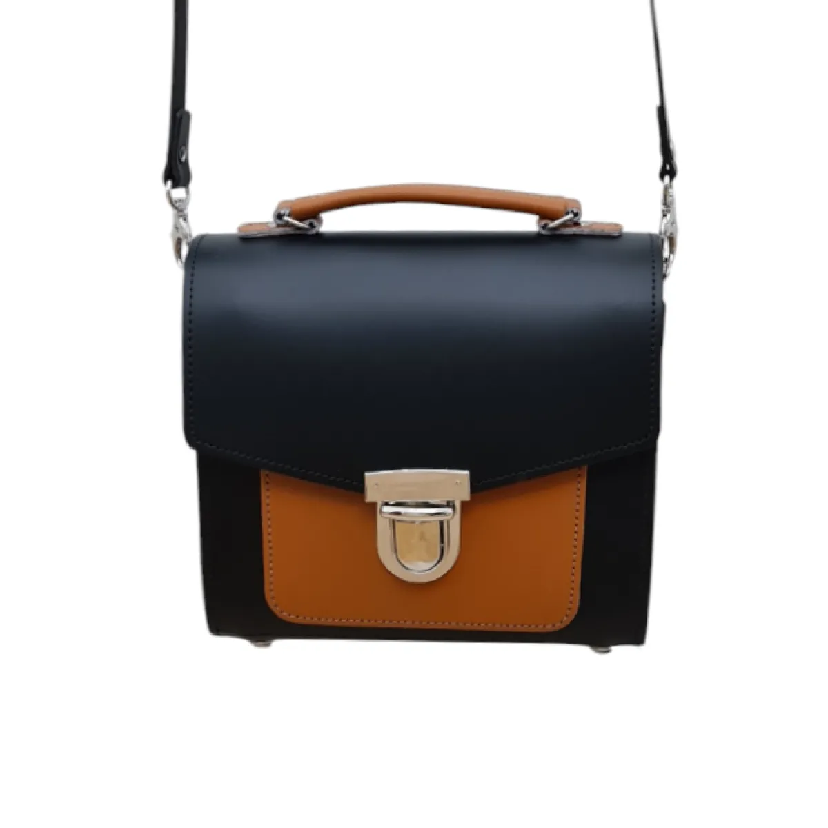 Zatchels Handmade Leather Two Tone Sugarcube Handbag Black - Burnt Orange><noscript><img width=