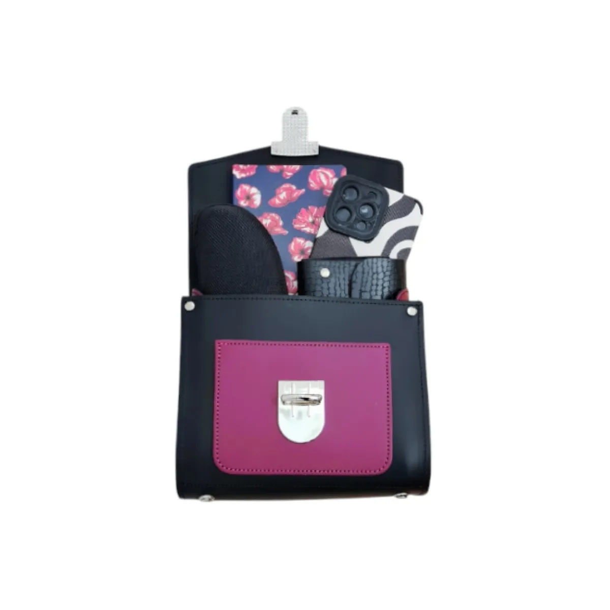 Zatchels Handmade Leather Two Tone Sugarcube Handbag Black - Magenta><noscript><img width=