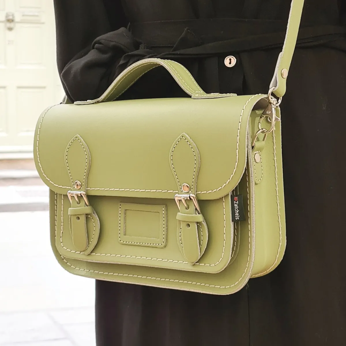 Zatchels Leather Midi Satchel - Sage Green><noscript><img width=