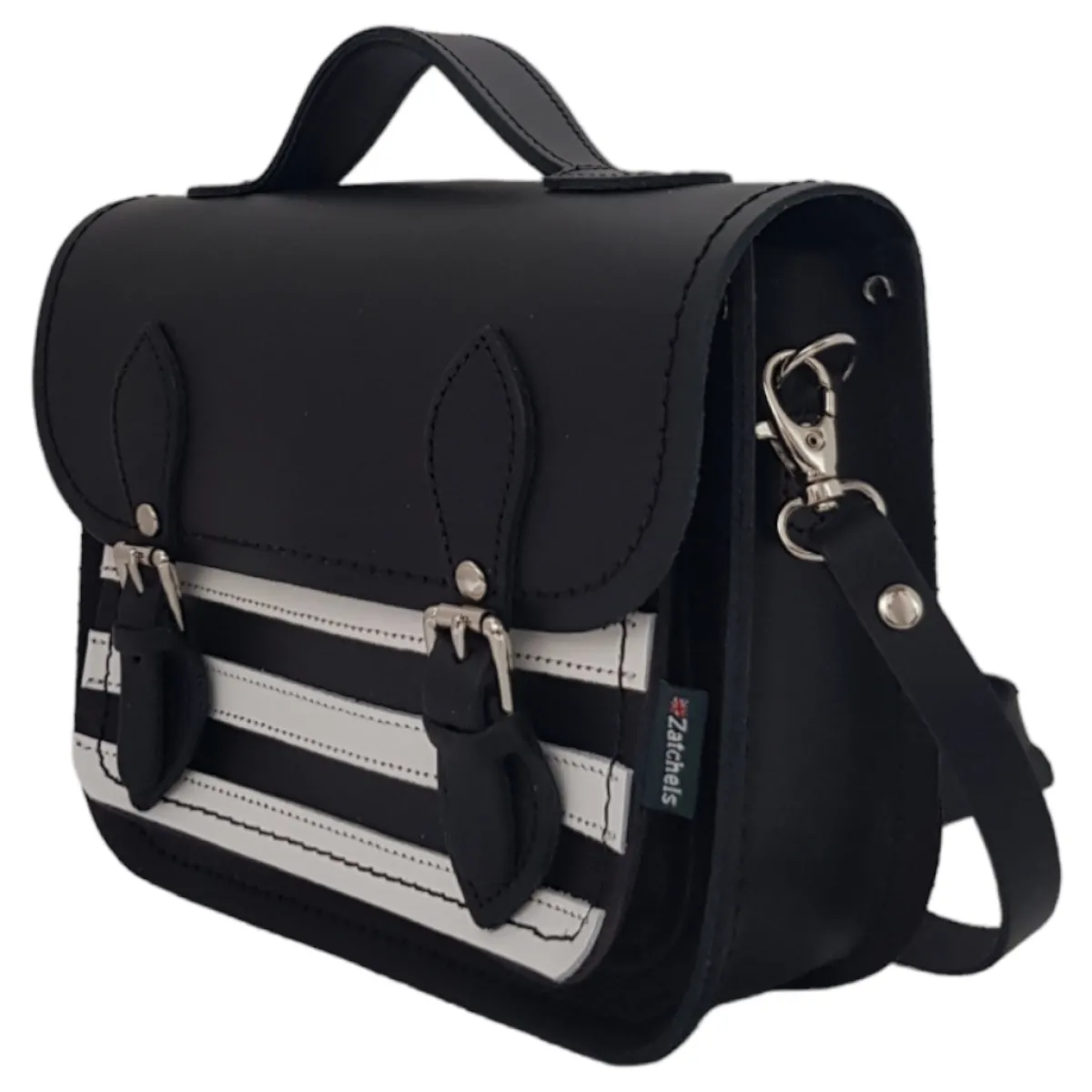 Zatchels Leather Midi Satchel - Gothic Striped White & Black>Women Small Satchels|Midi Satchels