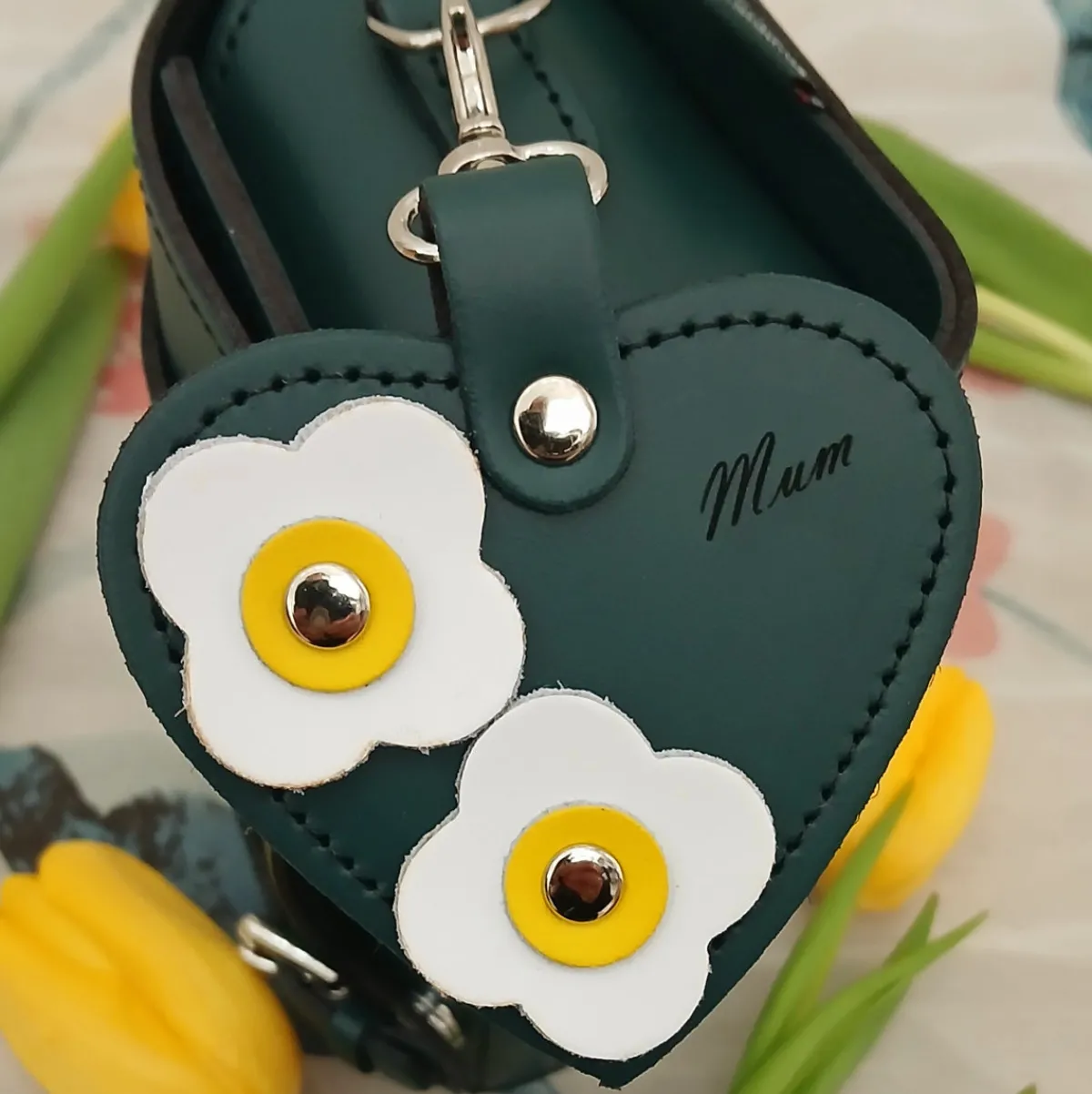 Zatchels Love heart bag charm - with 'Mum' engraving and flower appliques - Pine>Women Accessories And Gifts|Accessories And Gifts
