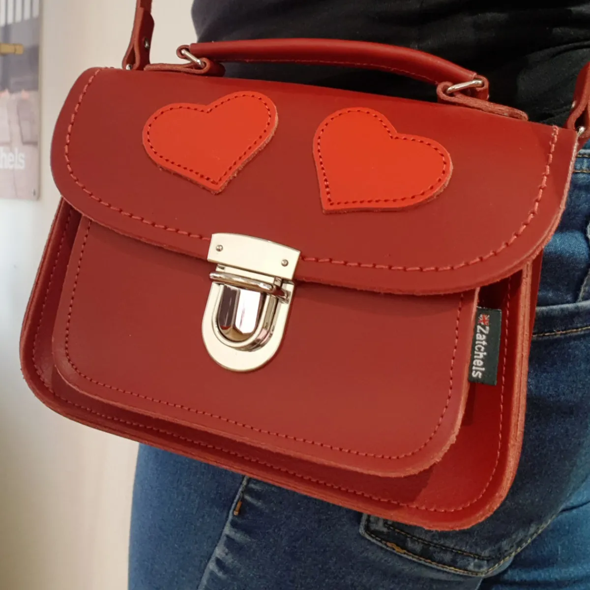 Zatchels Luna Handmade Leather Bag - Love Hearts- Red><noscript><img width=